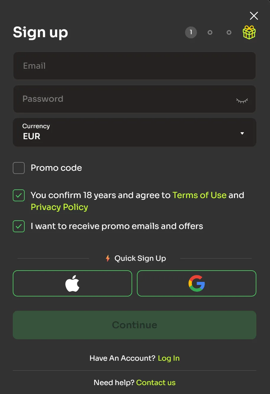 spinorhino casino login en sign up scherm